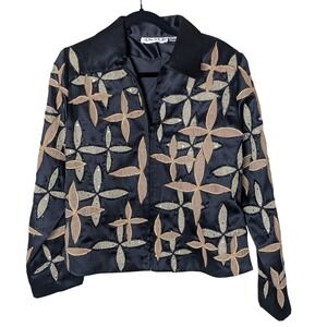 Vintage Anage Black Satin Jacket L Embroidered Metallic Gold‎ Silver Festival